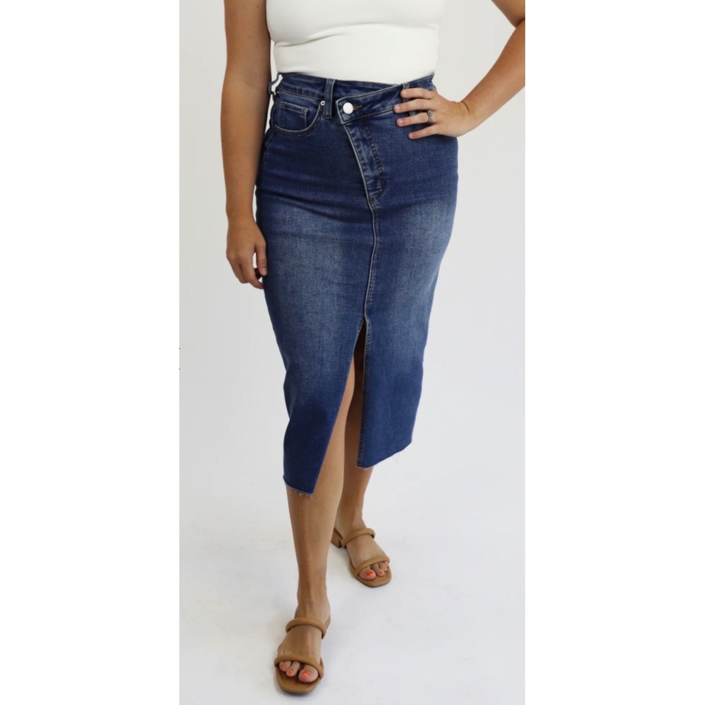 Alexander Jane Blue Denim Stretch Tummy Control Edgy CrossOver XL Midi Skirt